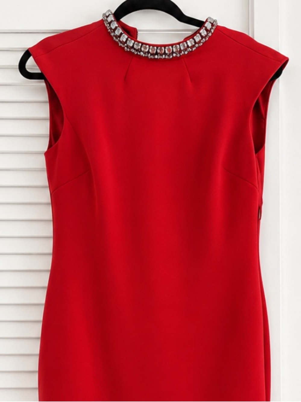 Ted Baker Red Midi Sheath Dress with Jeweled Collar